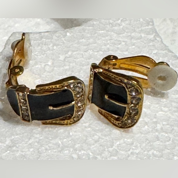 Vintage Gold-Tone Belt Buckle Clip Earrings with Rhinestone Detailing - Picture 2 of 5